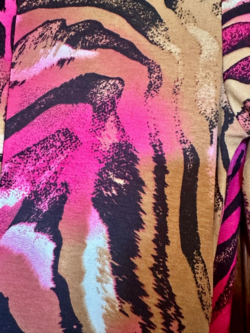Caché faux wrap ruched long sleeve animal print pink and tan dress - Picture 7 of 8